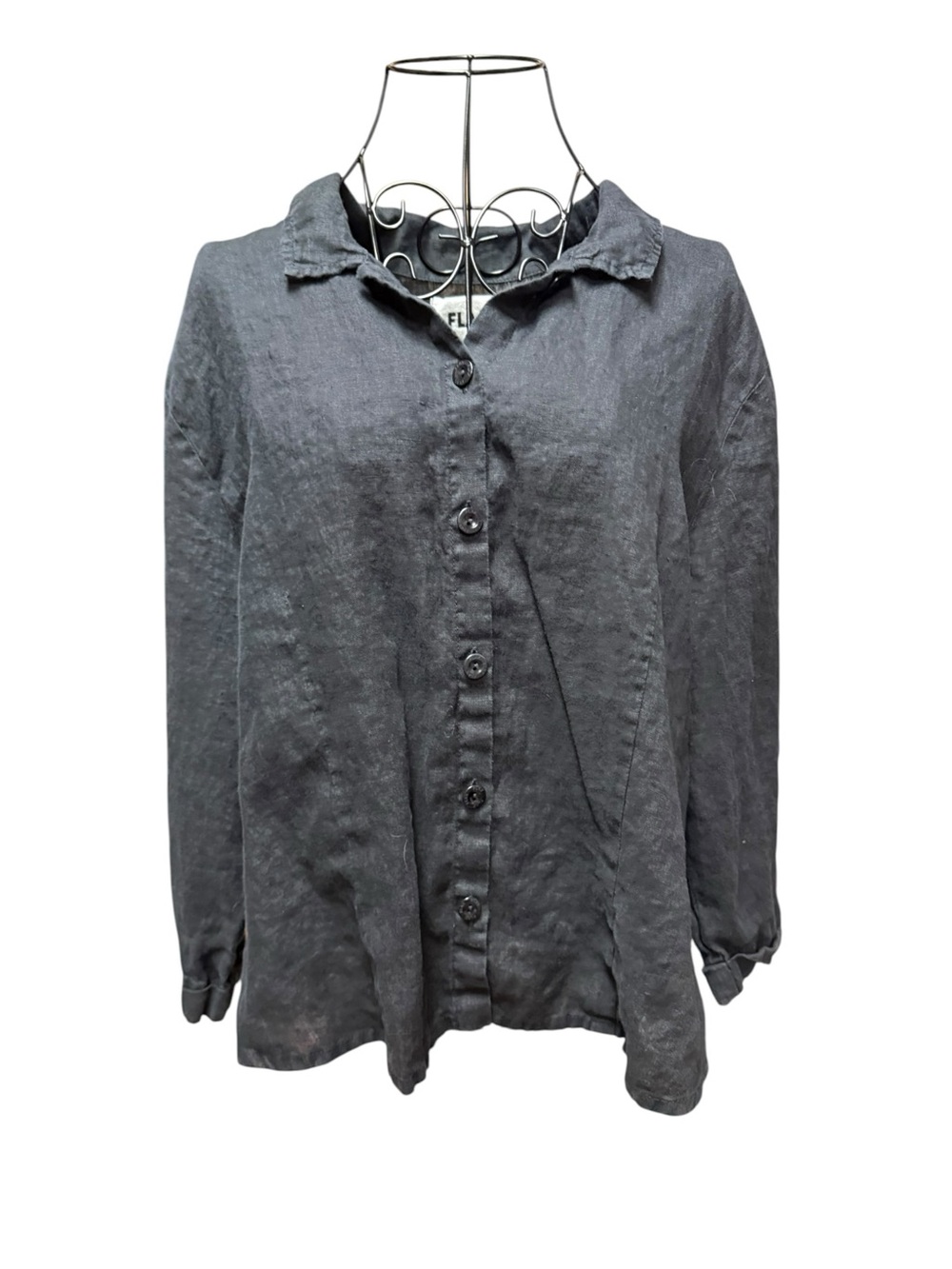 Flax Charcoal Button-Front Linen Shirt large